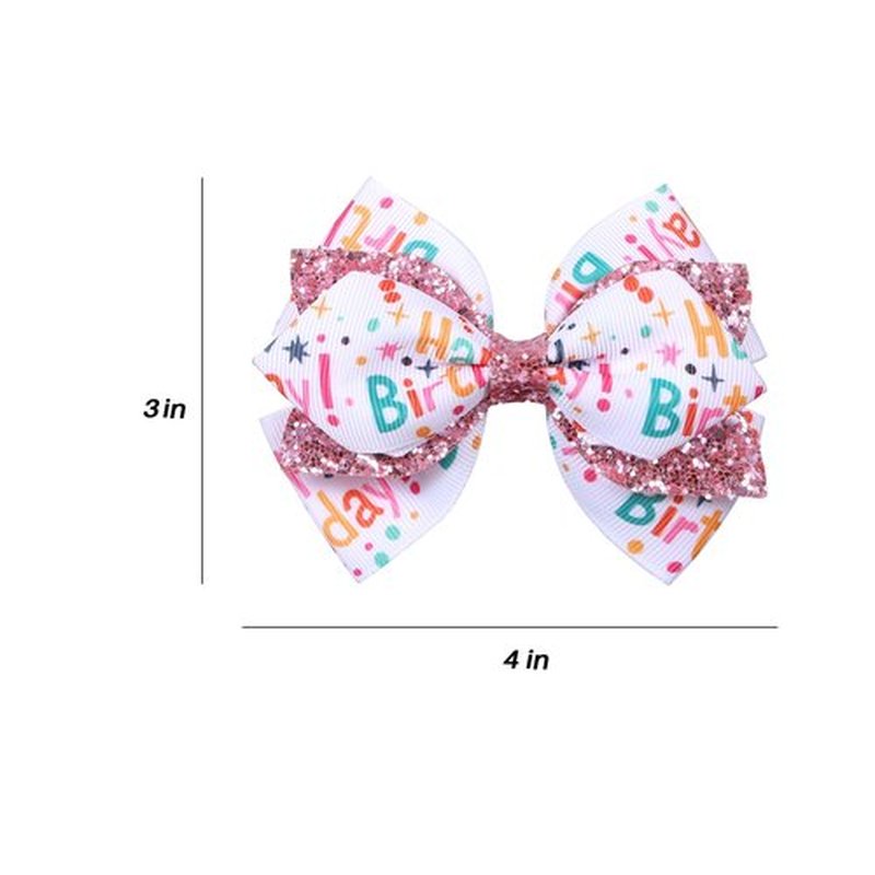 4" Happy Birthday Ribbon Hair Bow Clips 2pc Sparkly Pink Sequin Alligator Barrettes Pins for Teens Toddler Baby Girls Kids Women Ice Cream Party Outfit Dress Decor Accessory Gift