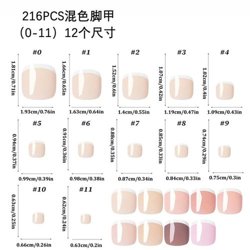 216Pcs French Tip Press on Toenails Mix Color Fake Toenails White French Press on Toe Nails Summer Acrylic Toenails Kit Short Square Glue on Toe Nails for Women Girls