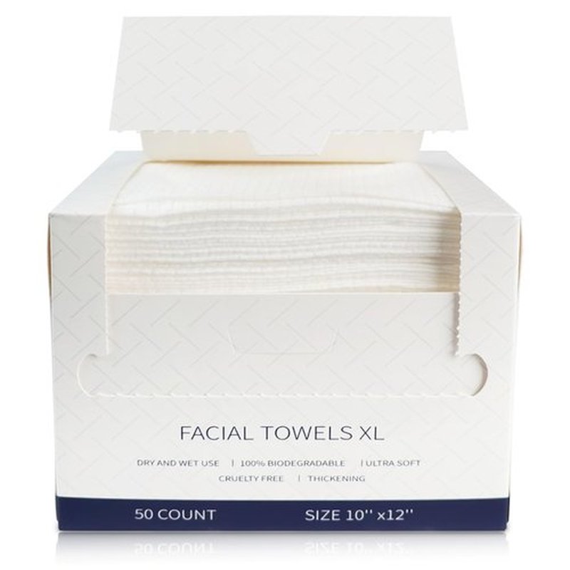 Face Towels Disposable, 12” x 10” Biobased Facial Towelettes, Large Soft & Thick Dry Wipes for Gentle Skincare, Face Washing & Makeup Removal, Lint-Free Clean Facial Towels, 50 Count