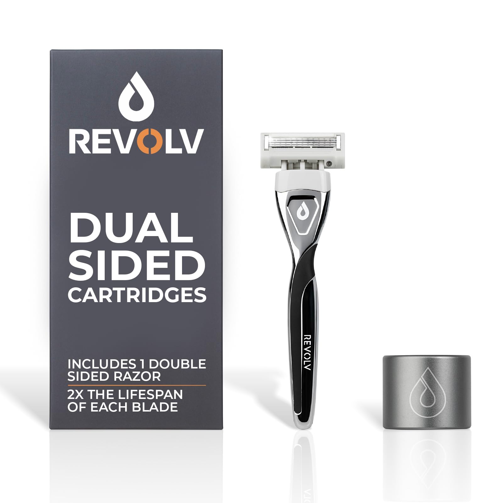 REVOLV - Men’s Razor - 1 Premium Weighted Handle + 1 Dual-Sided Cartridge + 1 Stand - For a Closer, Smoother Shave - Safe on Sensitive Skin - Black