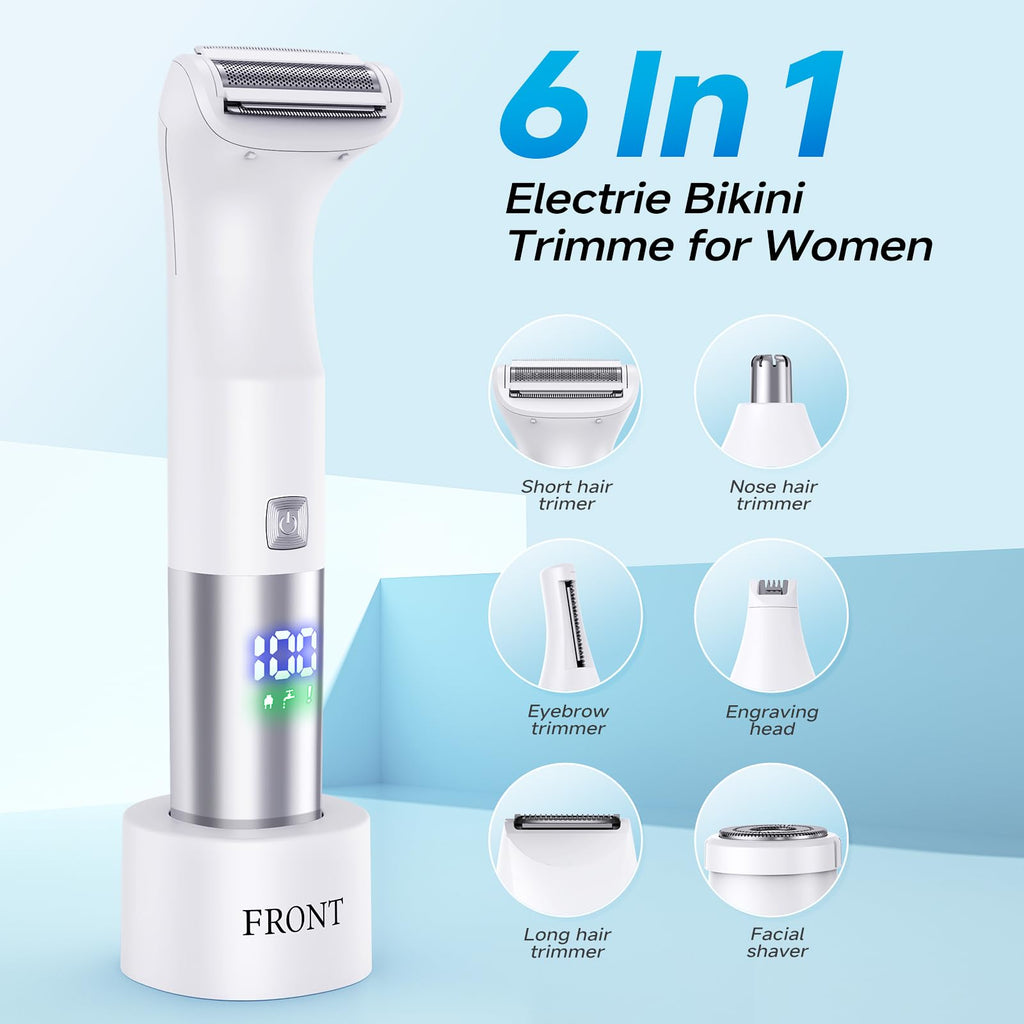 Bikini Trimmer for Women - 6 in 1 Electric Razors for Women, Cordless Rechargeable Electric Shaver, IPX7 Waterproof Wet Dry Lady Body Hair Remover for Face Nose Eyebrow Arm Leg Pubic Armpit