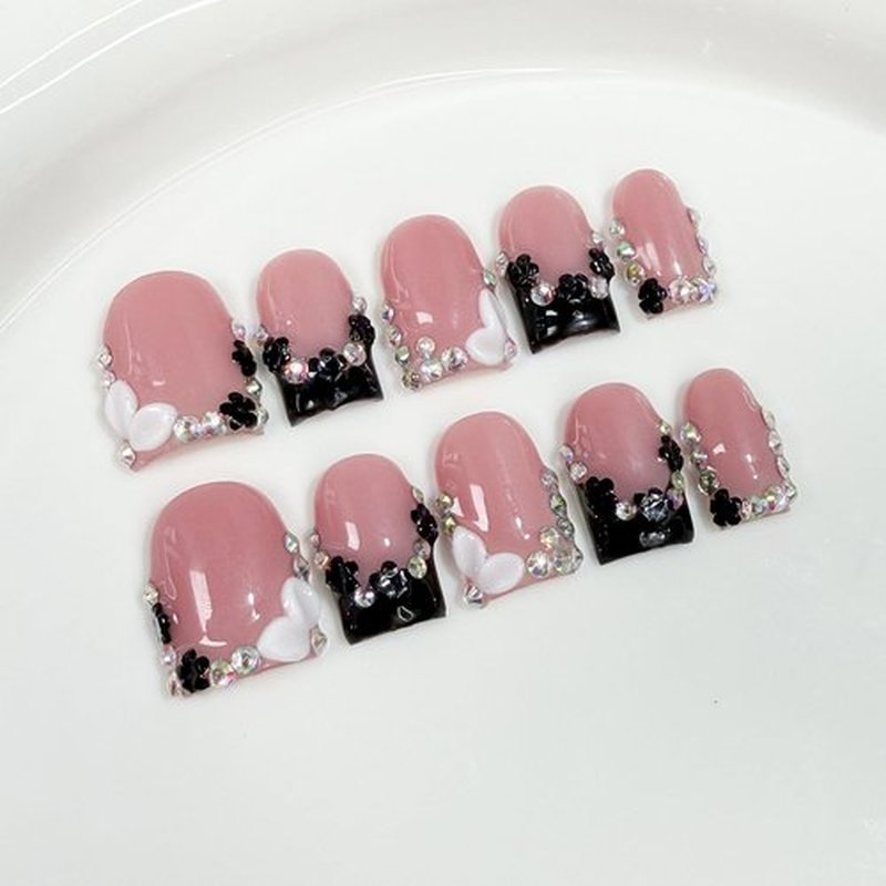 Black French Tip Press on Nails Short Square False Nail Handmade Flower Acrylic Nails 3D Rhinestone Designs Thick and Muti-Layer Gel Fake Nails Art Full Cover Luxury False Nail for Women（S)