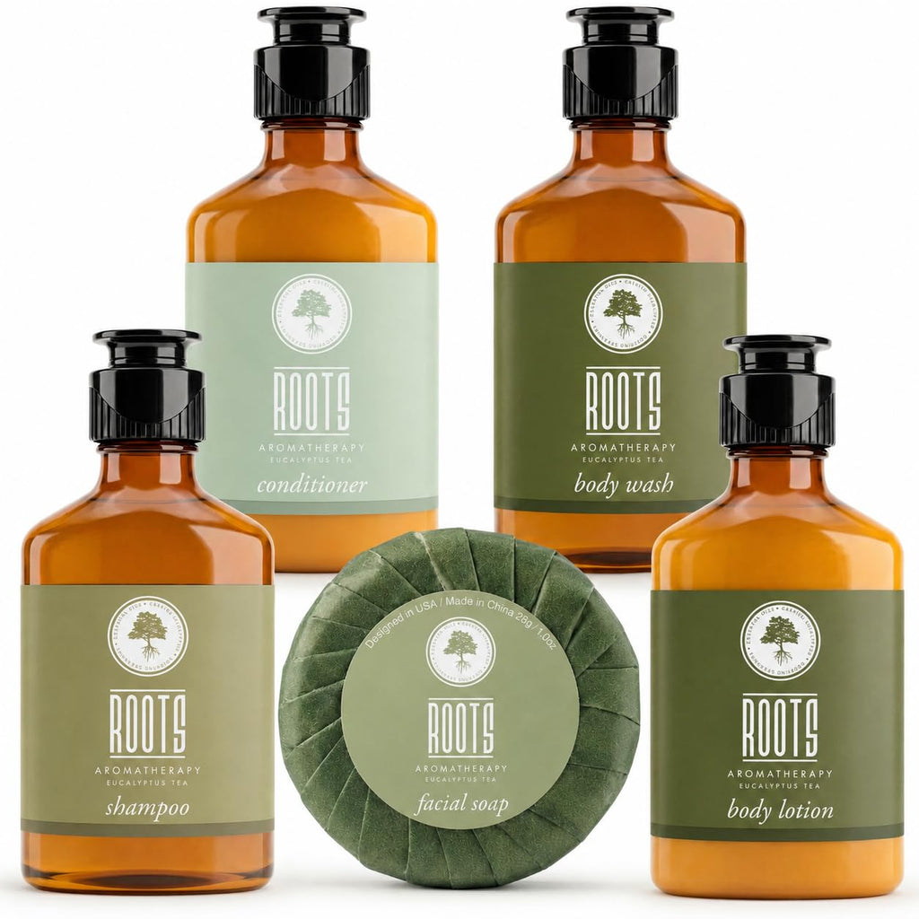 ROOTS AROMATHERAPY 150 Piece Airbnb Essentials for Hosts,Hotel Shampoo & Conditioner Supplies for Guests, Body Wash Lotion & Soap, Travel Size Toiletries Bulk Mini Sets Hygiene Kits Bar Soaps Air Bnb