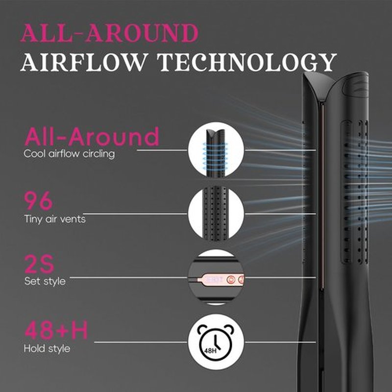 SKIMI Airflow Styler, Titanium Flat Iron Hair Straightener, Professional Curling Iron with Cooling Air Vents to Lock in Style, 5 Temps & Dual Voltage, Auto Off (Black & Gold Pink).