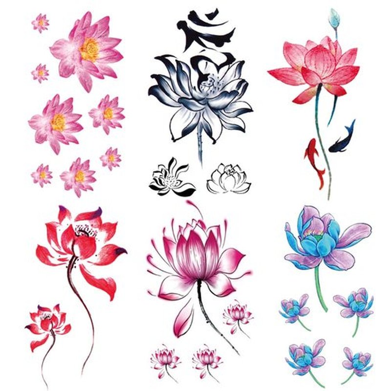 Oottati 6 Sheets Watercolor Lotus Temporary Tattoos for Women, Pink Red Purple Blue Lotus Flower Koi Fish Fake Tattoo Stickers, Waterproof Long Lasting Body Art for Arm Back