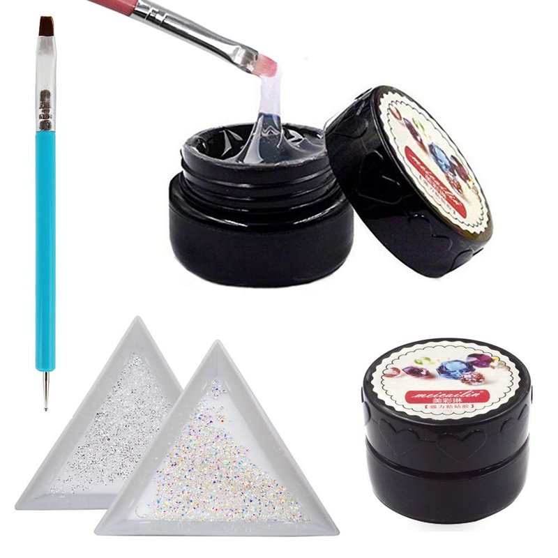 YesLady Nail Art Extension Builder Glue Super Sticky Rhinestone UV Gel 8ml Glue Set for Jewelry Gems with Brush Tools