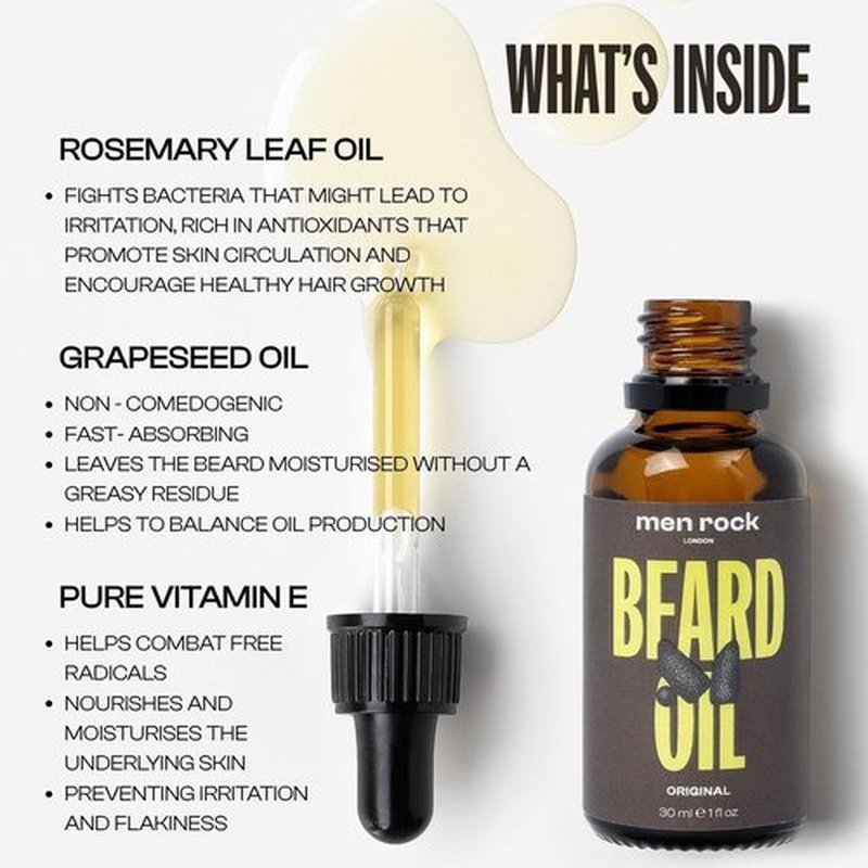 Men Rock Beard Oil - Original Formula with Grapeseed Oil & Vitamin E | 1 oz Facial Hair Conditioner