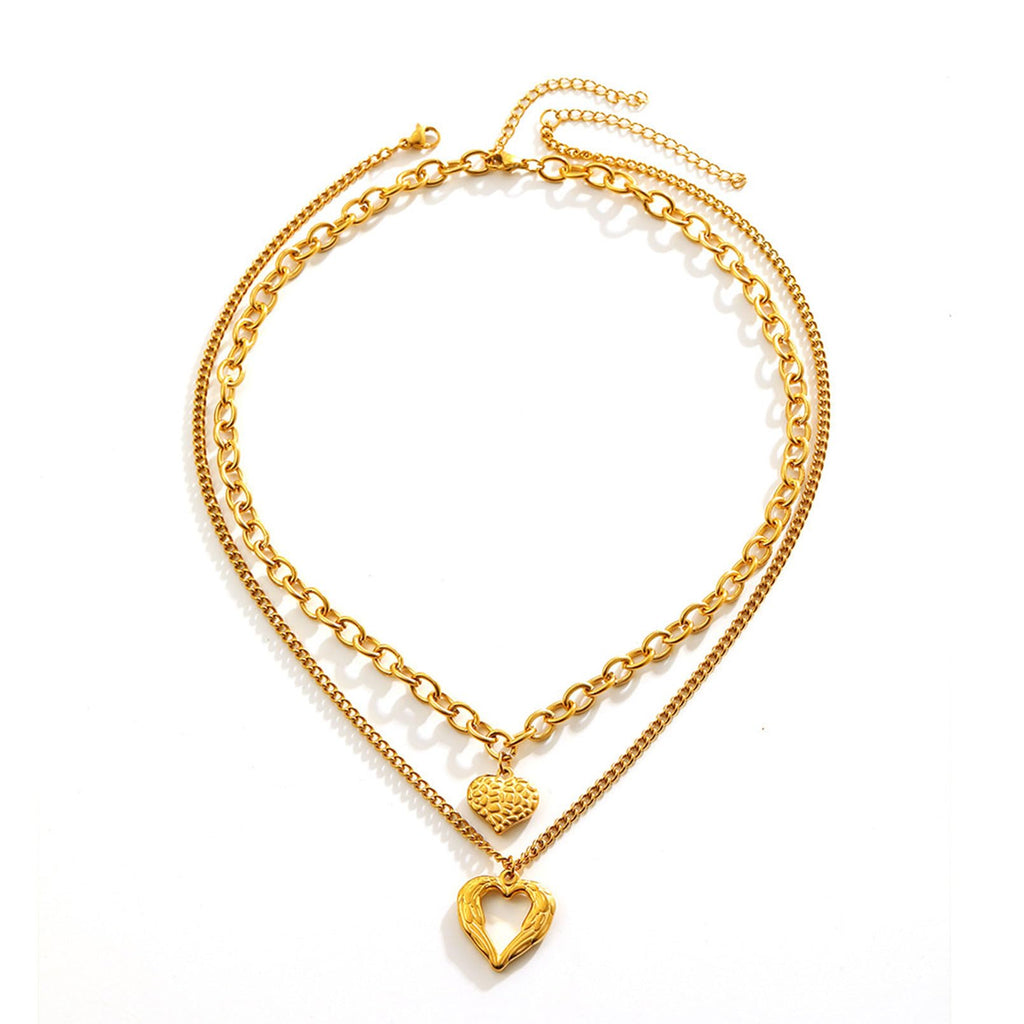 Angel Wings Loving Heart 14K Gold Plated Necklace Personality Hollow Heart Pendant Double-Deck Two Lobster Clasp Adjustable Extender