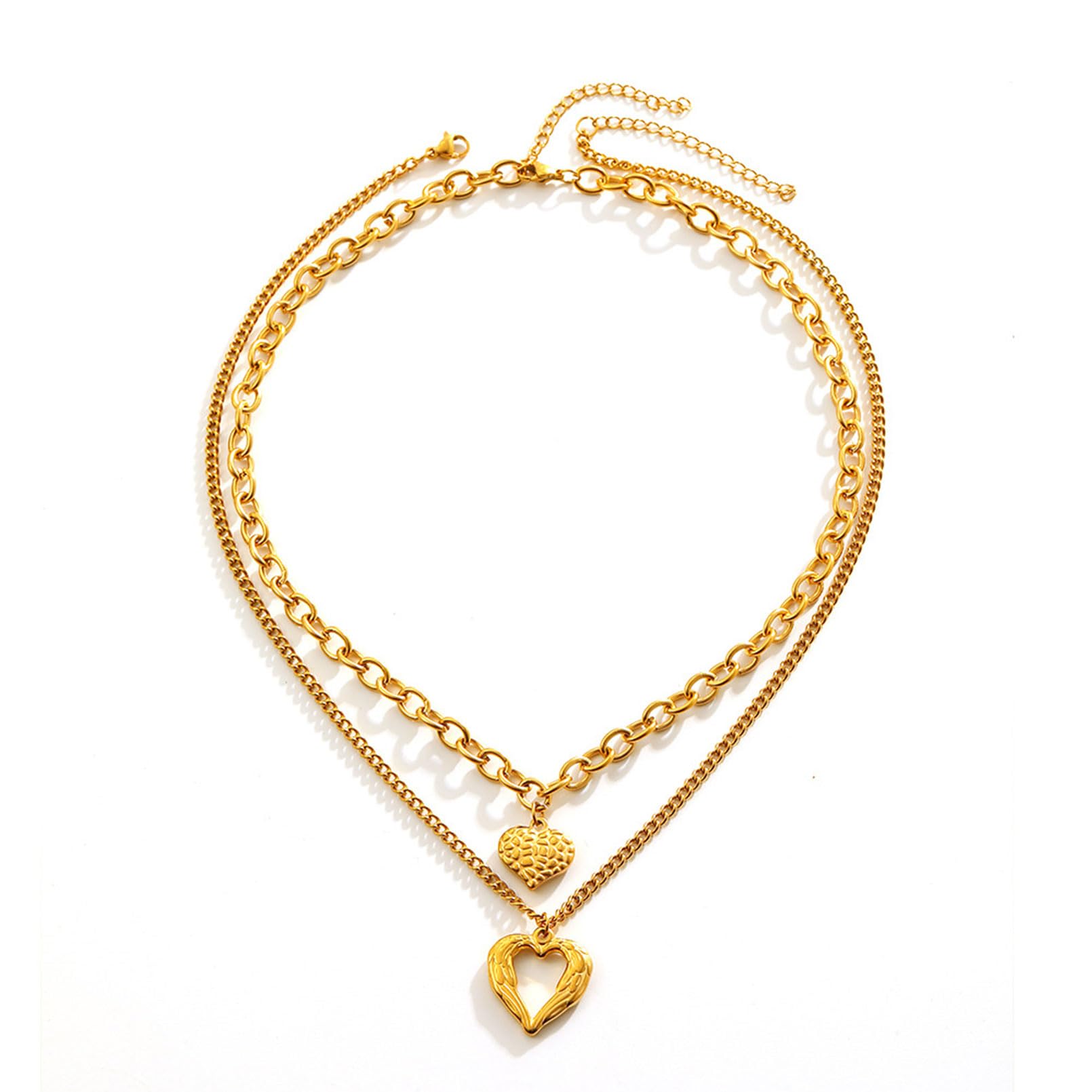Angel Wings Loving Heart 14K Gold Plated Necklace Personality Hollow Heart Pendant Double-Deck Two Lobster Clasp Adjustable Extender