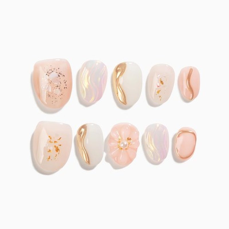 Sun&Beam Nails Handmade Press-on Short Round White Beige Gold 3D Mirror Pearl Design False Nail Tips 10 Pcs (#131 L)