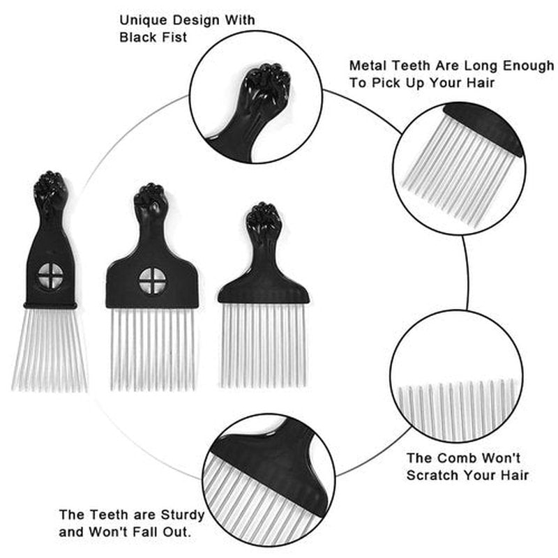 6 Pack Curly Afro Hair Metal Hair Picks, Metal Tool Hair Combs for Men Women Afro Wigs (Black)