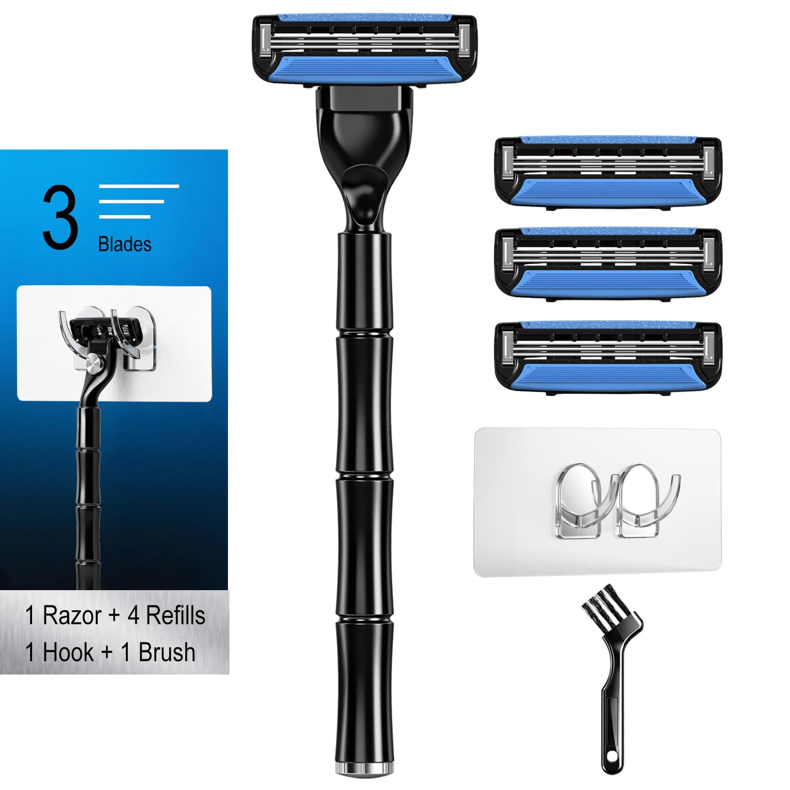 FYNEDGE 3-Blade Men Razor with Lubricating Strip & Pivoting Head - Safety Razor Blades Kit Includes 1 Handle, 4 Razor Blade Refills, Wall Hook & Cleaning Brush