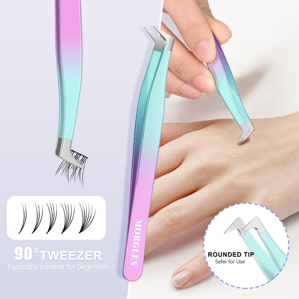 MORGLES 5 PCS Lash Tweezers Set for Eyelash Clusters