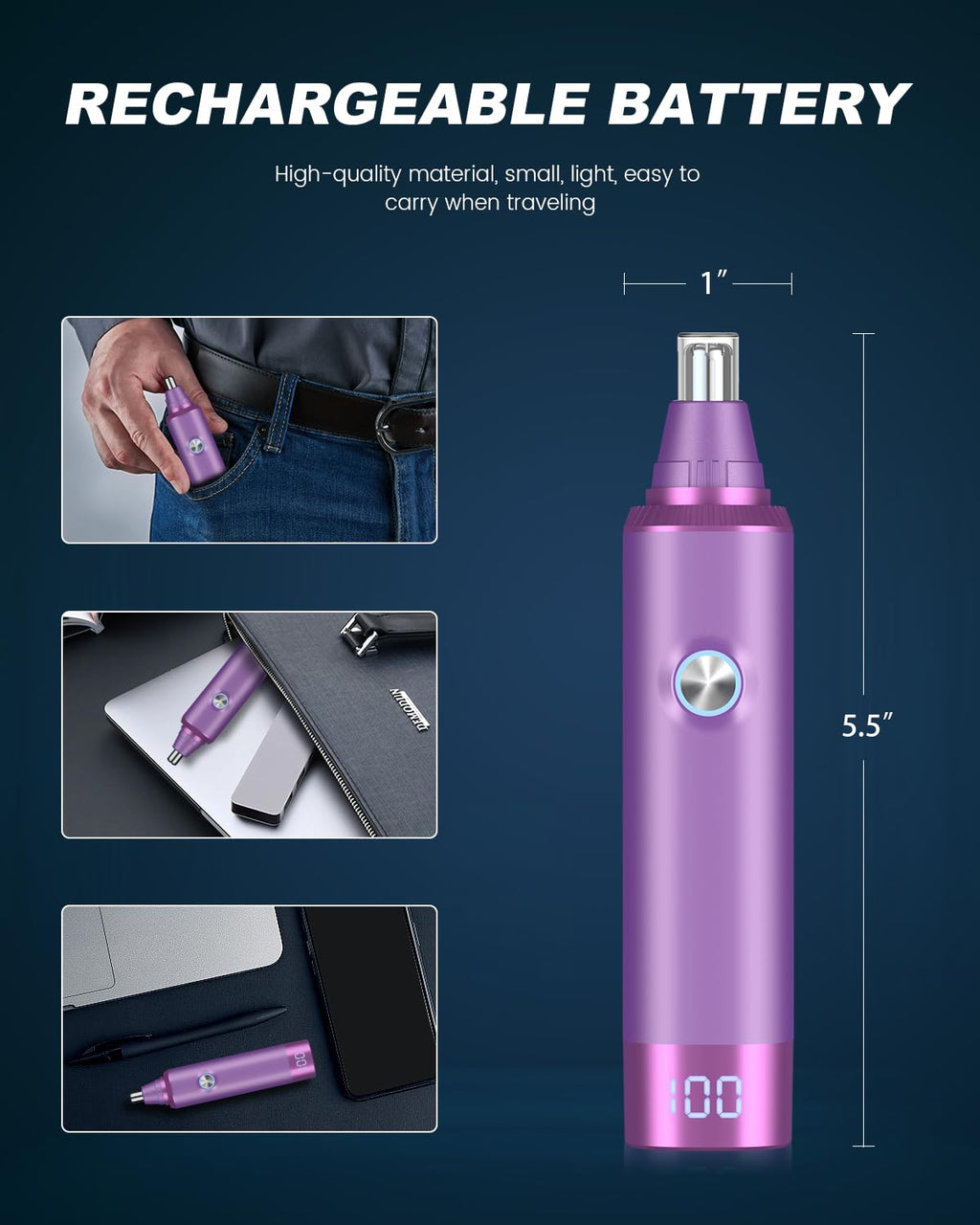 Ear and Nose Hair Trimmer for Men and Women, Painless USB Rechargeable Electric Facial & Eyebrow Hair Remover with LED Display, Dual-Edge Blades for Smooth,13000 RPM Motor IPX7 Waterproof (Purple)
