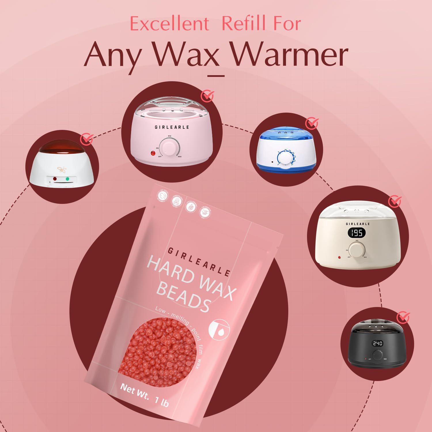 GIRLEARLE 1LB Hard Wax Beads for Hair Removal, Low Melt Hard Wax Beads with Red Rose Formula, Wax Beads for Brazilian Waxing & Sensitive Skin, Stripless Hard Wax for Bikini, Face & Body At-Home Waxing