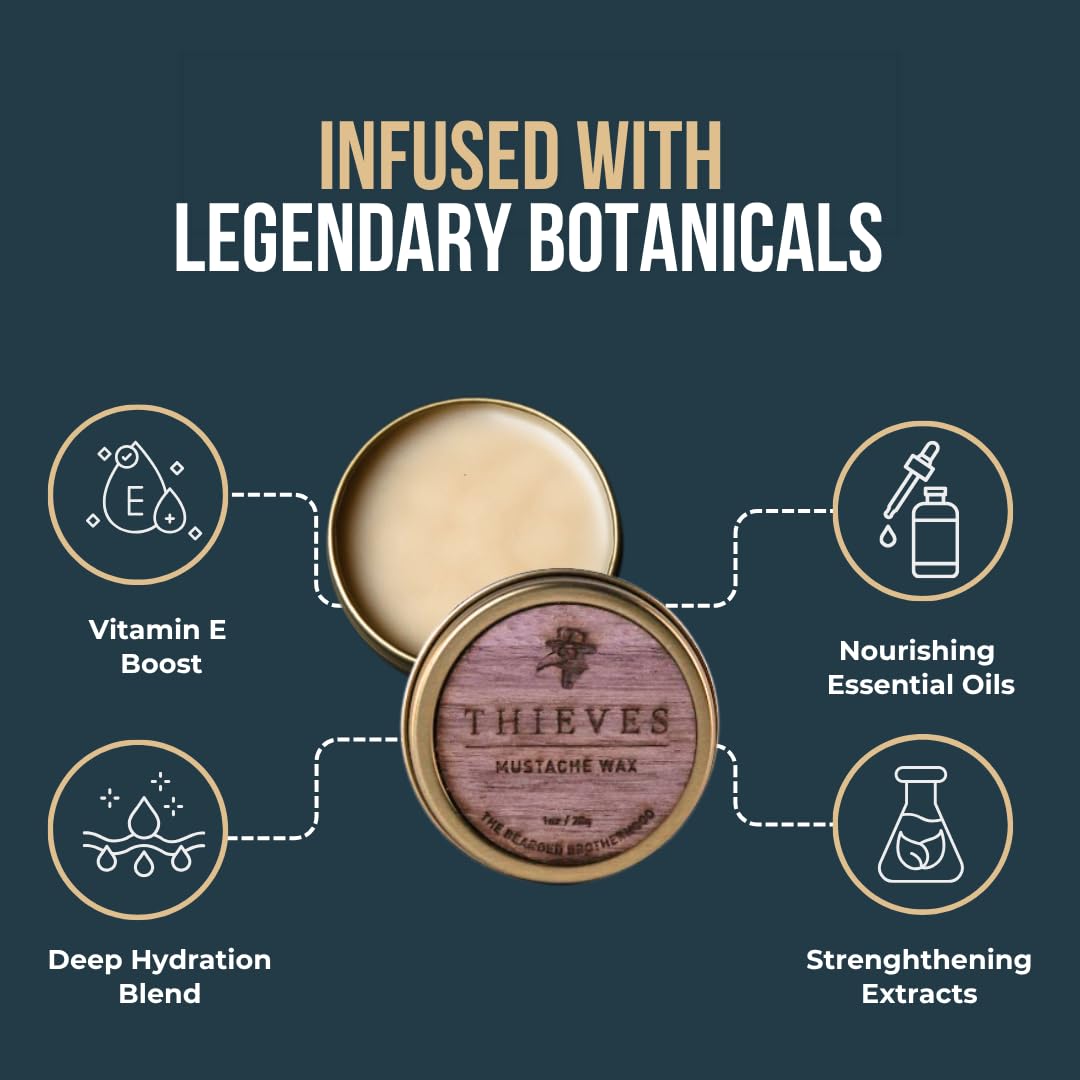 The Bearded Brotherhood TBB Thieves Mustache Wax for Men | Natural Mustache Styler with Long-Lasting Hold | Cinnamon, Citrus, Rosemary & Rose Scent | Handcrafted in Texas | 1 oz