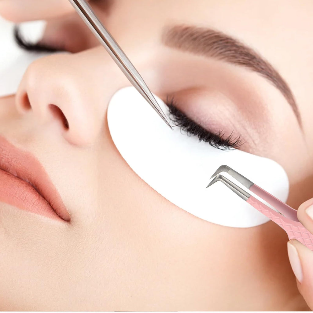 90 Degree Lash Tweezers for Eyelash Extensions Fiber Tip Tweezers for Lash Extension High Precision Eyelash Extension Tweezer for Volume & Classic Lashe Pink