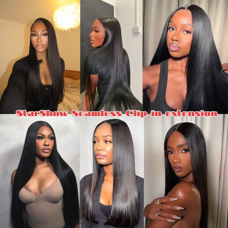 Yaki Straight Seamless Human Hair Clip in Extensions Full Max with 100% Real Soft Human Remy Human Hair Yaki Straight Clip Ins 7Pcs Per Set Natural Black (Yaki Stright, 16Inch)