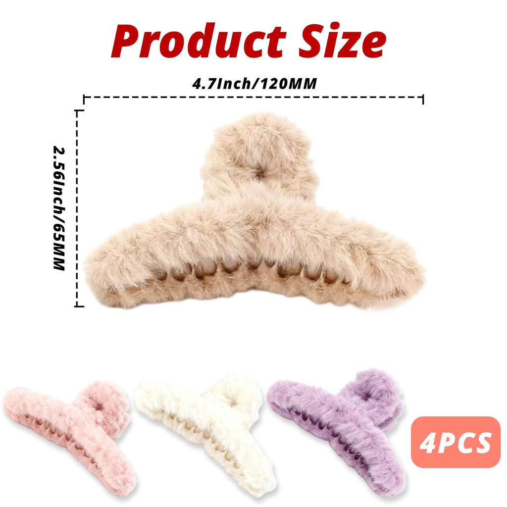 VinBee 4 PCS Faux Fur Hair Clips Large Plush Hair Catch Barrette Jaw Clamp for Women Girls Half Bun Hairpins for Thick Hair Cute Claw Clips Hair Accessories (4.5 Inch)