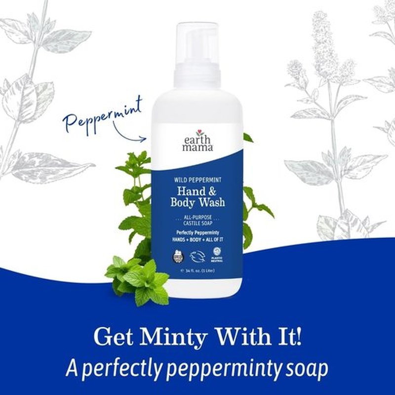 Earth Mama Wild Peppermint Hand & Body Wash | Foaming Castile Soap Liquid and Hand Soap, Made with Organic Wild Mint & Peppermint Oil, 34 fl oz