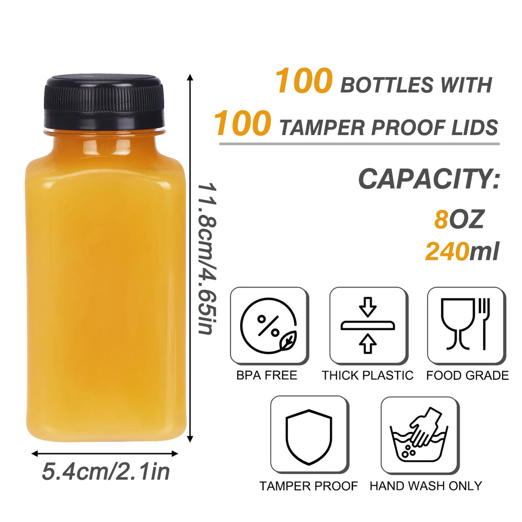 TOMNK 100pcs 8oz Empty Plastic Juice Bottles with Caps, Reusable Clear Bulk Beverage Containers with Label, Funnel and Brush for Juicing, Milk, Smoothie, Drinking, Beverages