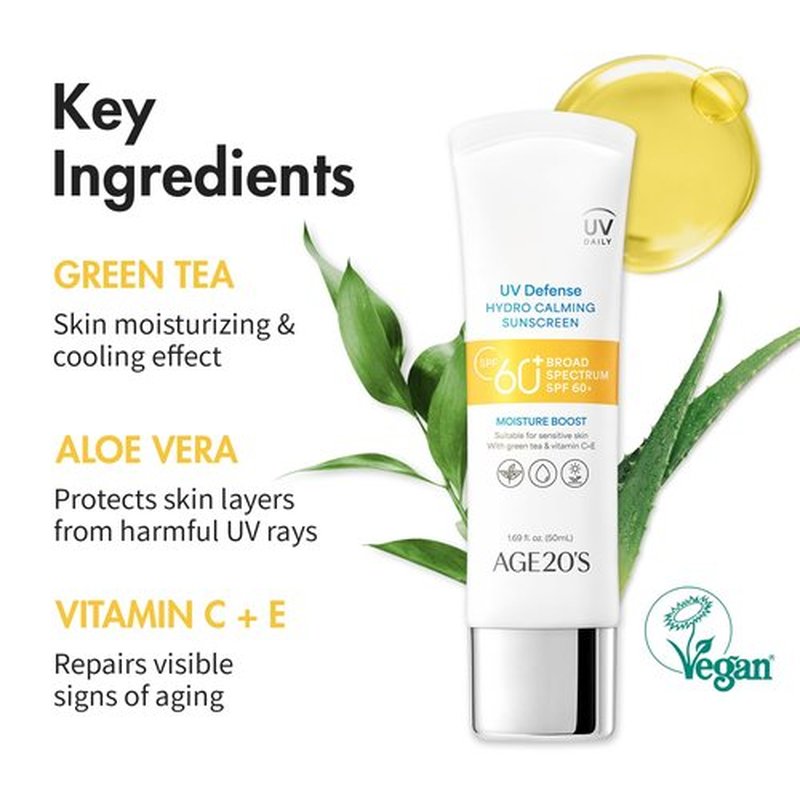AGE20'S UV Defense Hydro Calming Sunscreen SPF 60+ - Moisturizing, Lightweight Formula with Green Tea & Aloe Vera | 1.69 fl. oz*2