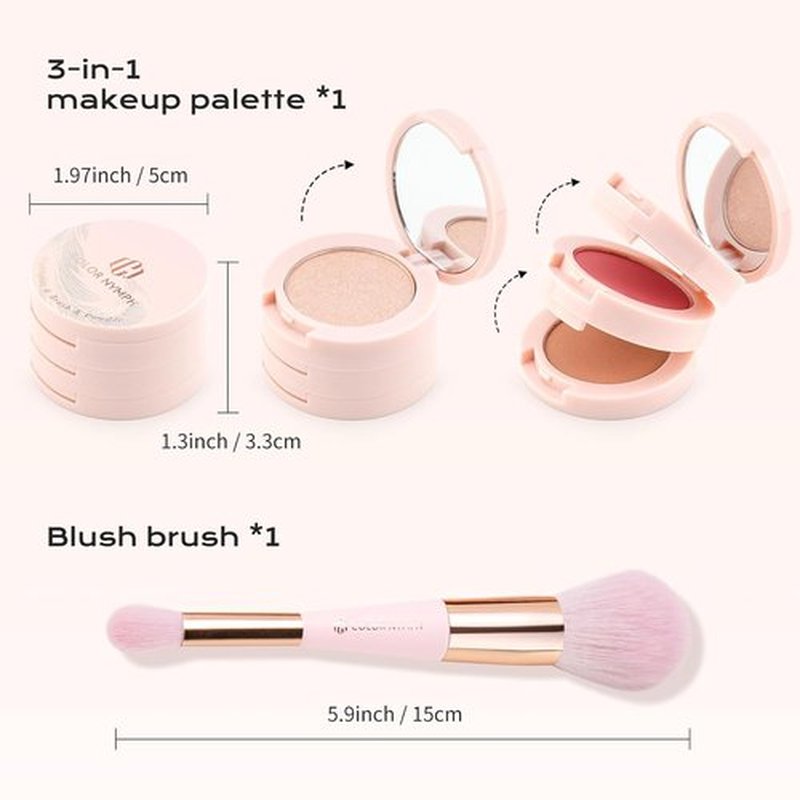 Color Nymph Contour Blush Highlighter Palette - 3-in-1 Shimmer & Matte Travel Kit with Brush & Mirror | Purple