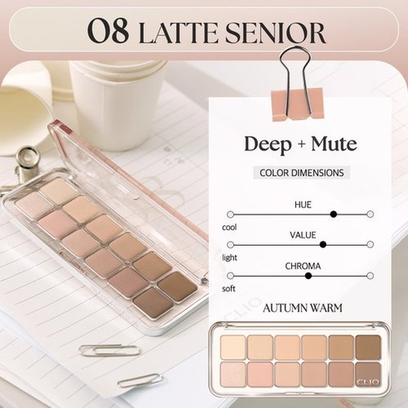 CLIO Pro Eye Palette Air, 12-Color Eye Shadow Palette, Matte Shimmer Mix, Air-Fit Blendable Pigmented Buildable Color, Low Fallout, Warm Brown Nude Neutral Tone, Daily Korean Makeup (08 LATTE SENIOR)