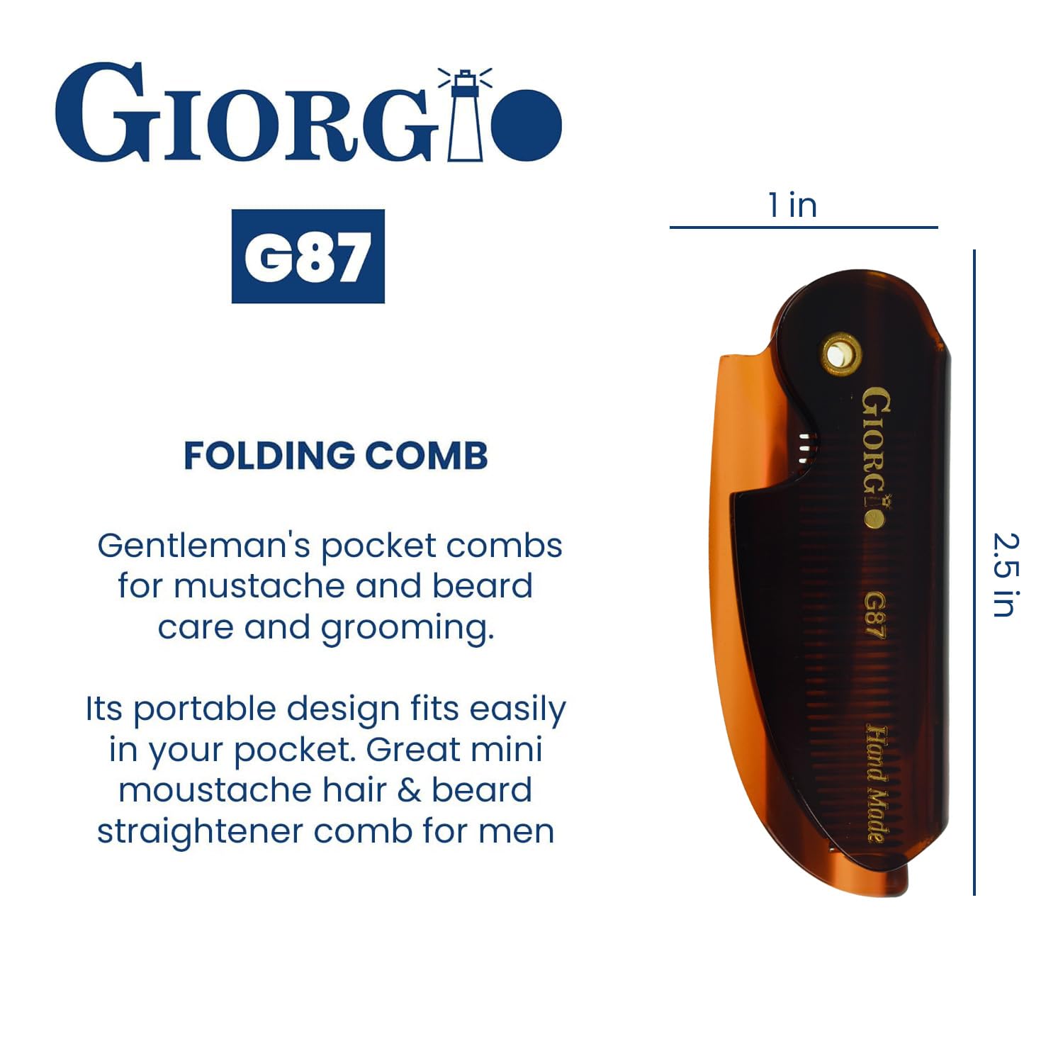 Giorgio G87 Folding Mustache and Beard Comb for Men - Handmade, Saw-cut, Hand Polished Pocket Styling Comb for Everyday Grooming and All Type of Hair Care (Tortoiseshell)
