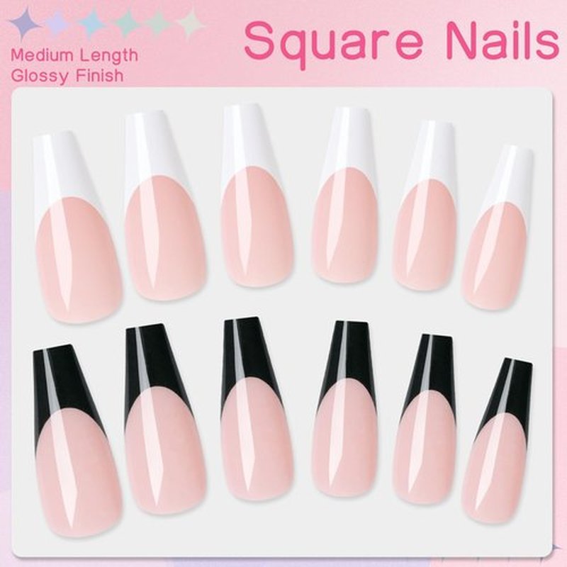 LuckForever 120pc French Tips Press on Nails Long Coffin, Black White Tips Long Press on Nails French Coffin Fake Nail Full Cover Glue on Nails Press ons Acrylic Nail Fingernail & Adhesive Tabs