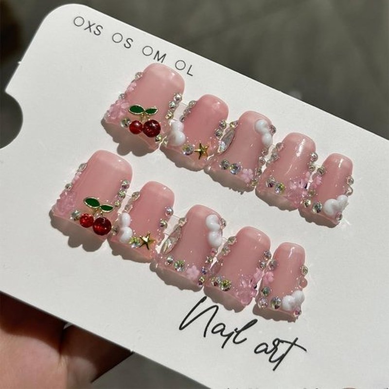 10Pcs Duck-shaped Handmade Press On Nails | French Style with 3D Floral & Rhinestone Decor | Easy to Apply, Remove & Reusable, Salon - Quality (25103S, S)