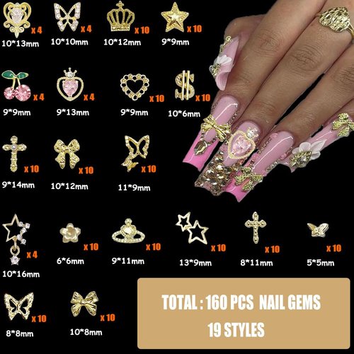 KACHIMOO 160pcs Gold Nail Charms 3D Butterfly Cherry Heart Cross Bow Star Dollar Flower Crown Nail Gems and Charms Nail Rhinestone for Women Nail Art Design(19 Styles)
