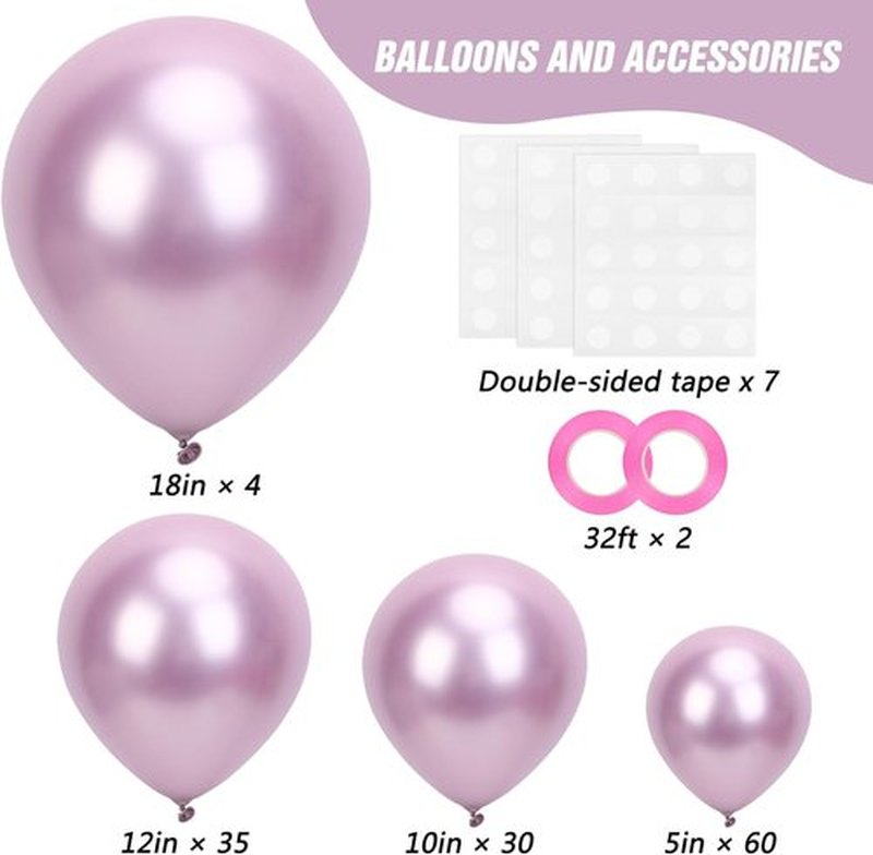 RUBFAC Metallic Pink Balloons - 129-Piece Latex Chrome Balloon Garland Kit for Weddings & Parties