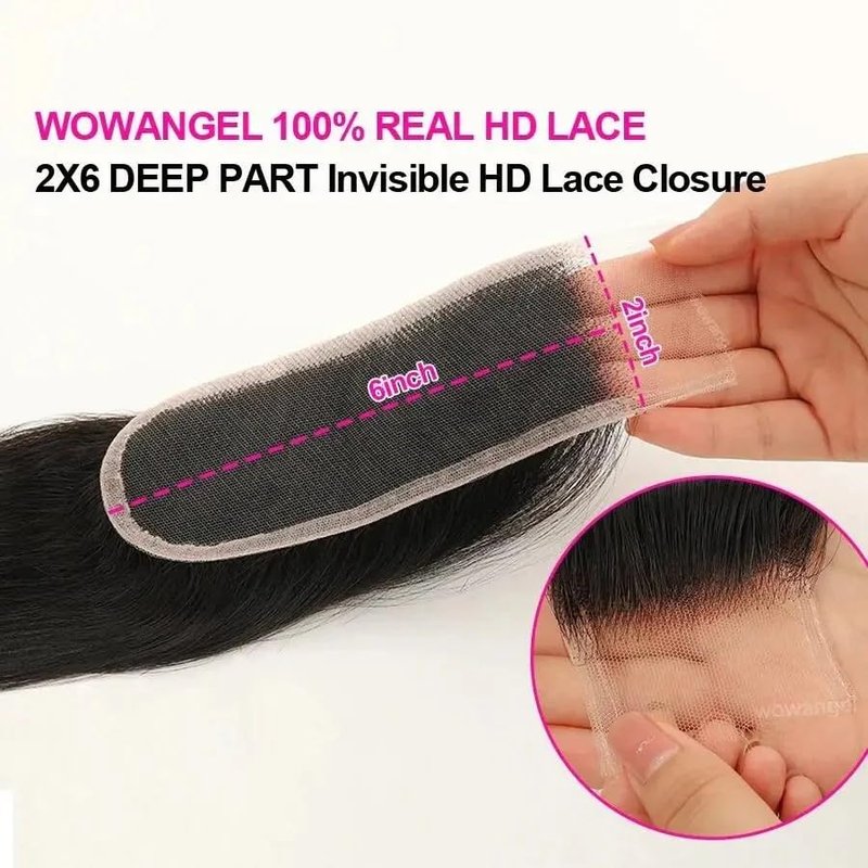 WOWANGEL 0.1mm Ultra-thin SKINLIKE Real HD Lace Closure, 2x6 Body Wave Unprocessed Virgin Human Hair Closure Pre Plucked Invisible Hair Knots Natural Hairline Invisible HD Lace 20 Inch