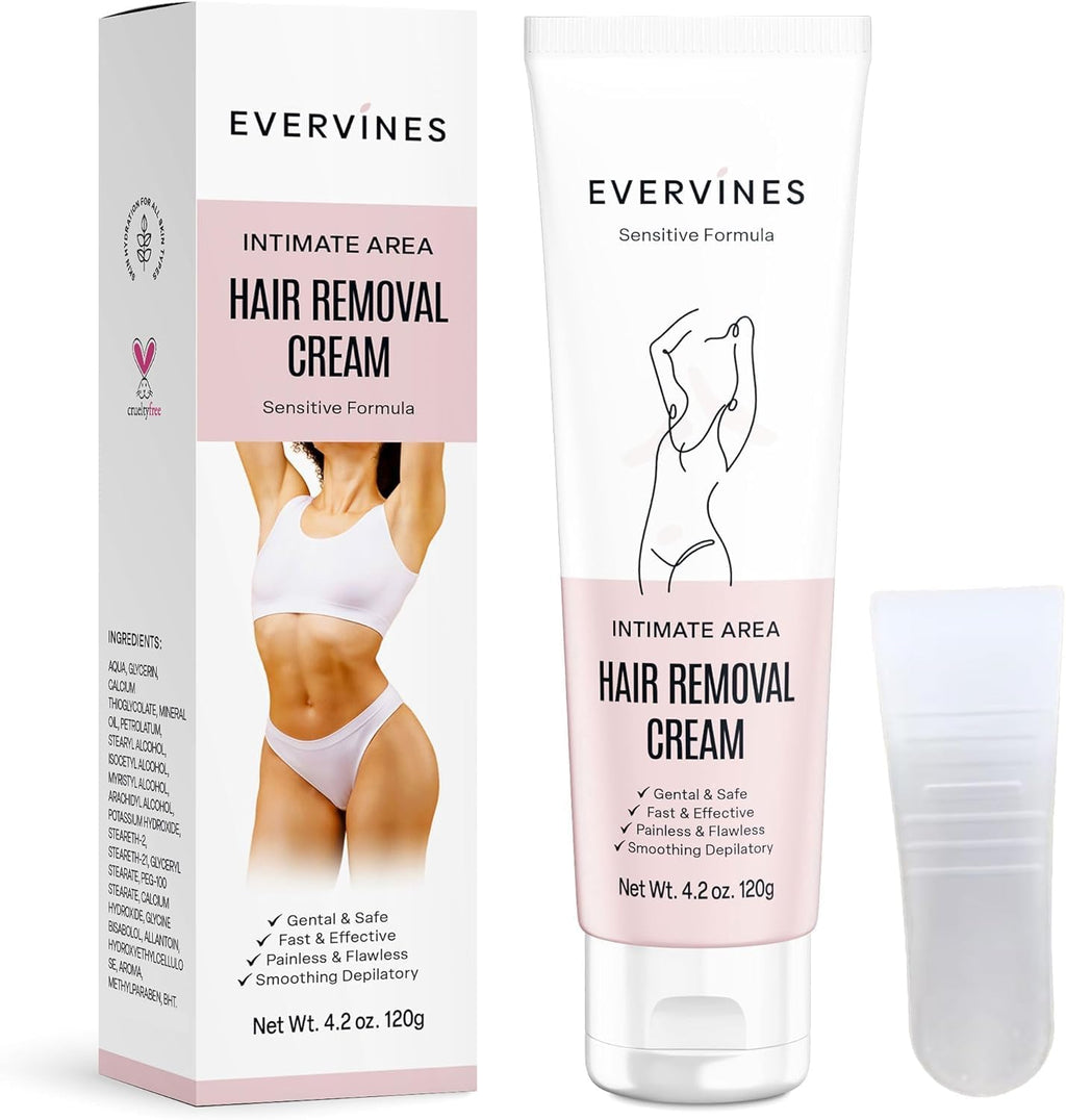 Evervines Hair Removal Cream for Women: Fast & Painless Depilatory for Bikini Pubic Legs Arms Underarms - Sensitive Skin Safe - Travel & Home Use with Scraper – 4.2oz