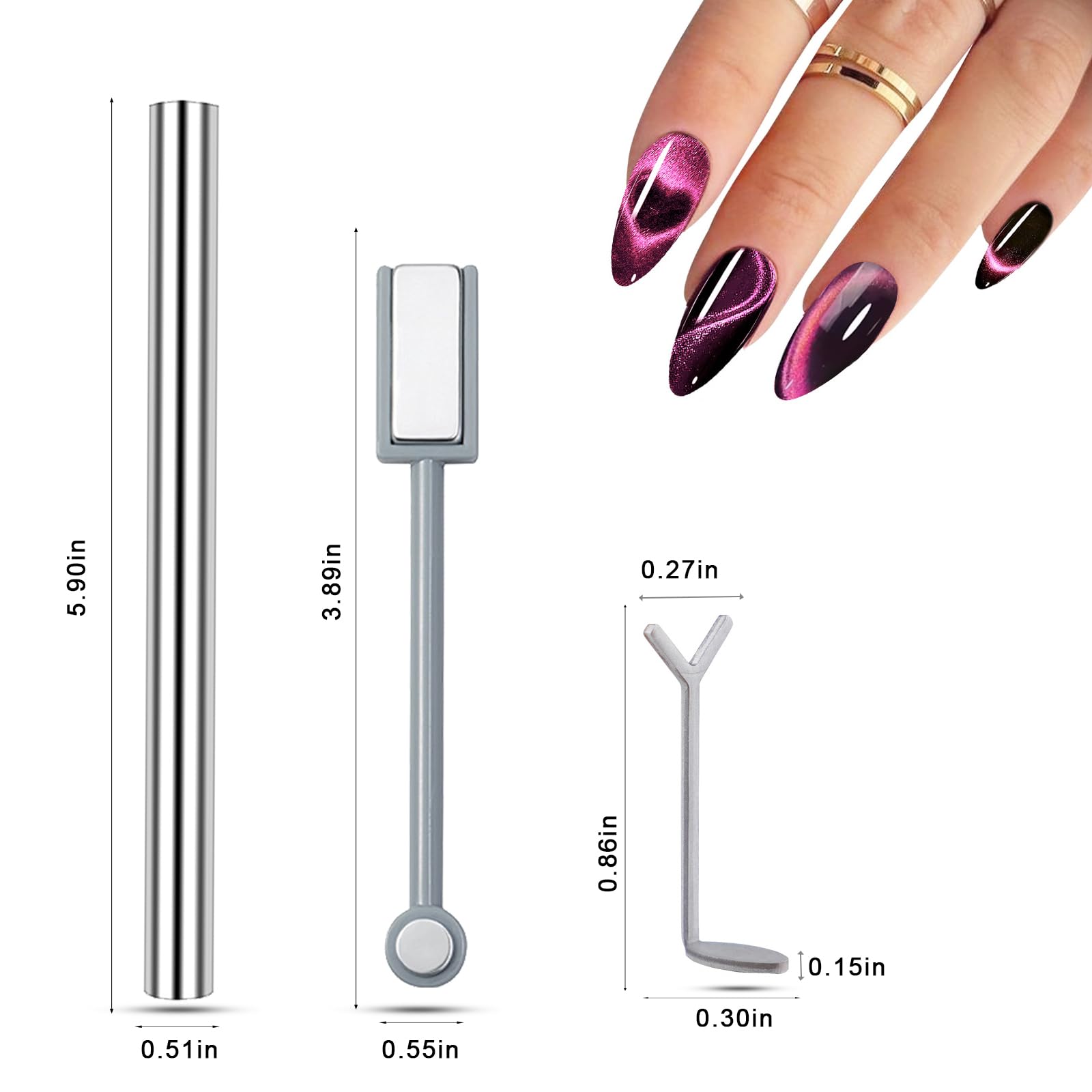 WOKOTO 2 PCS Cat Eye Magnets For Nails Set With 5 Pcs Iron Y-Shape Heart Cat Eye Designs Nail Magnet Tools, Big Double-Side Silver Cylinder Nail Magnets For Nail Art, Heart Magnet Tools For Nails