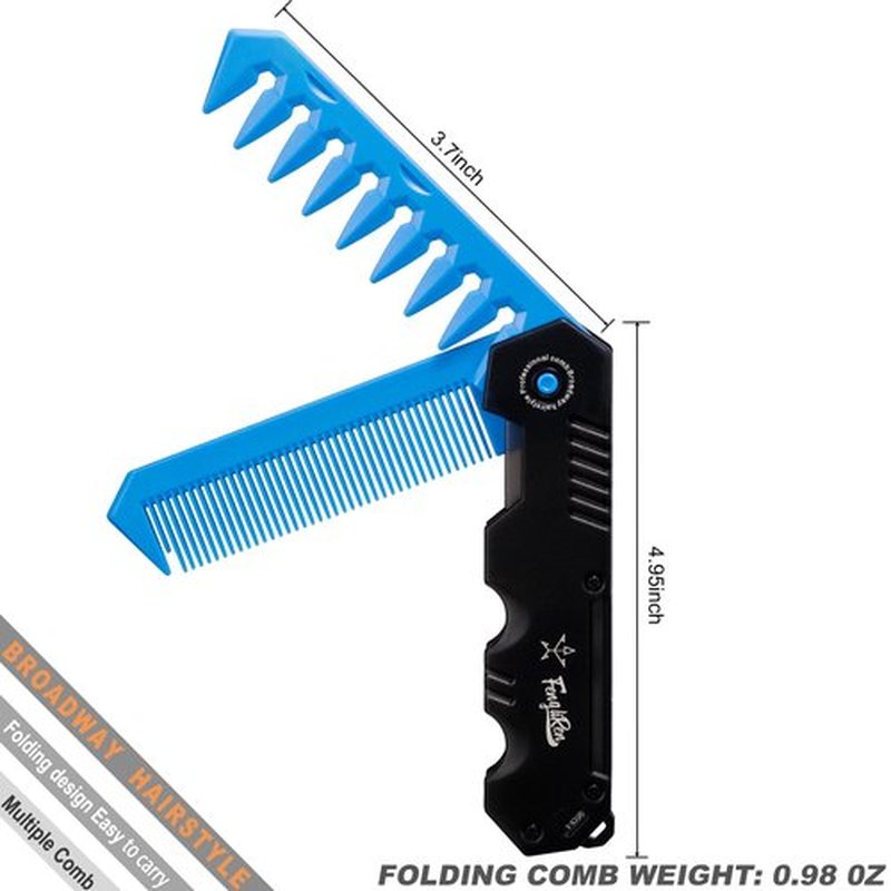Fengliren Protable Folding 2 in 1 Hair Comb Dence Tooth Comb Wide Tooth Comb Sparse Styling Pocket for Combing Straight hair Curly Hair Beards Mustaches for Men Barber Hairdresser (Blue)