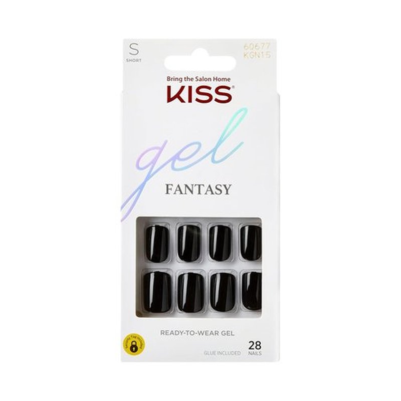 KISS Gel Fantasy Press-On Nails - 'Aim High' Black Squoval Shape | Includes Glue & Accessories