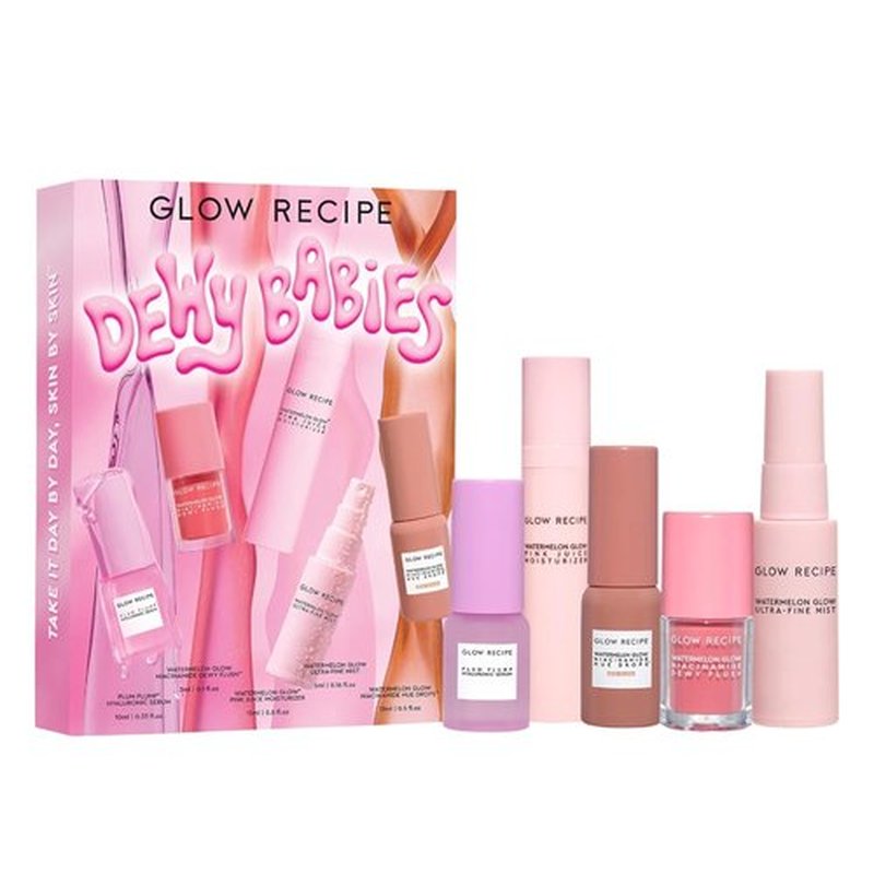 Glow Recipe Dewy Babies Travel Skincare Set - Plum Plump Hyaluronic Acid Serum + Dewy Flush Tinted Blush Drops + Pink Juice Face Moisturizer + Bronzing Hue Drops + Ultra Fine Facial Mist (5 Count)