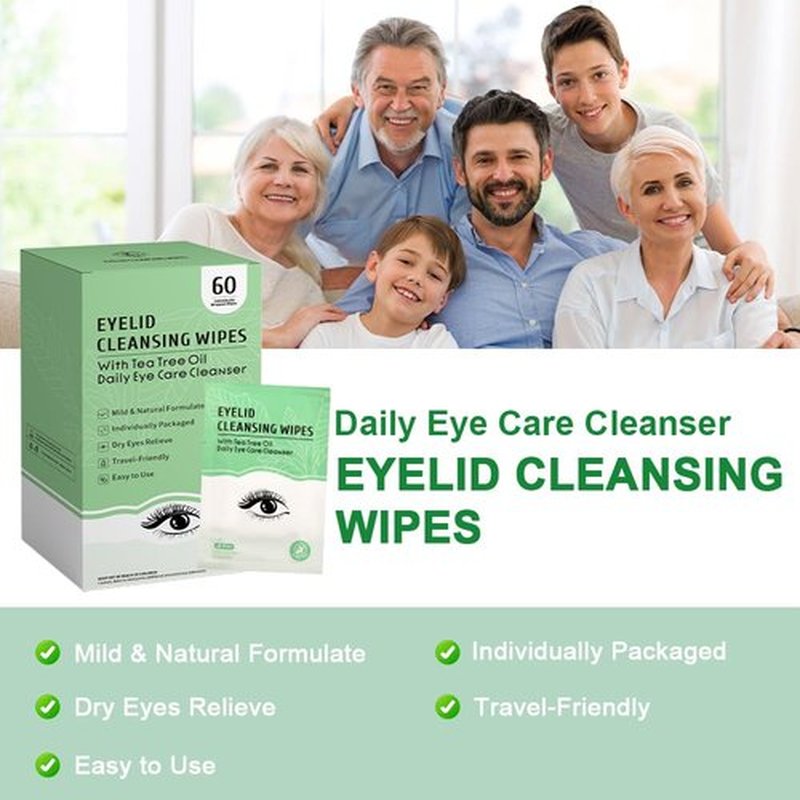 Eyelid Wipes, Gentle Eyelid Cleansing Wipe with Tea Tree Oil, Moisturizing Eye Wipe for People with Dry Eyes, Itchy, Styes & Blepharitis & Lash Wipes Individually Wrapped for Travel (60 count)