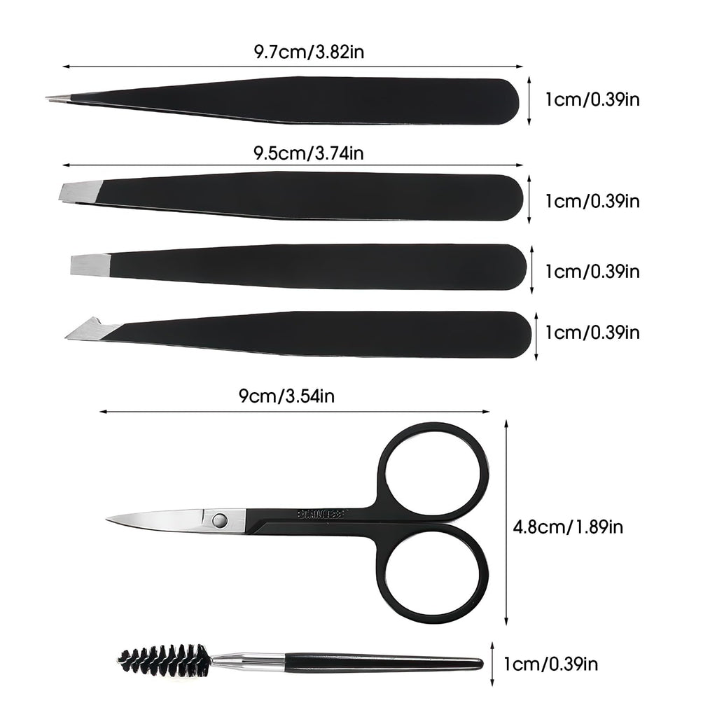 6 Pcs Tweezers Set – Eyebrow Tweezers with Curved Scissors for Ingrown Hair, Hair-Plucking Daily Beauty Tools for Women, with Leather Travel Case