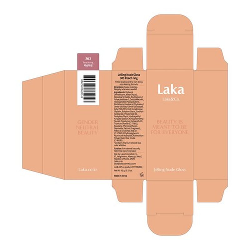 Laka Jelling Nude Gloss, 4.5g/0.15oz, Sheer Hydrating Lip Oil with No Stain, Non-Sticky, Nourishing Gloss for a Fresh, Glowy Look, Vegan, Clean Beauty Makeup, K-Beauty (#303 Peach Ring)