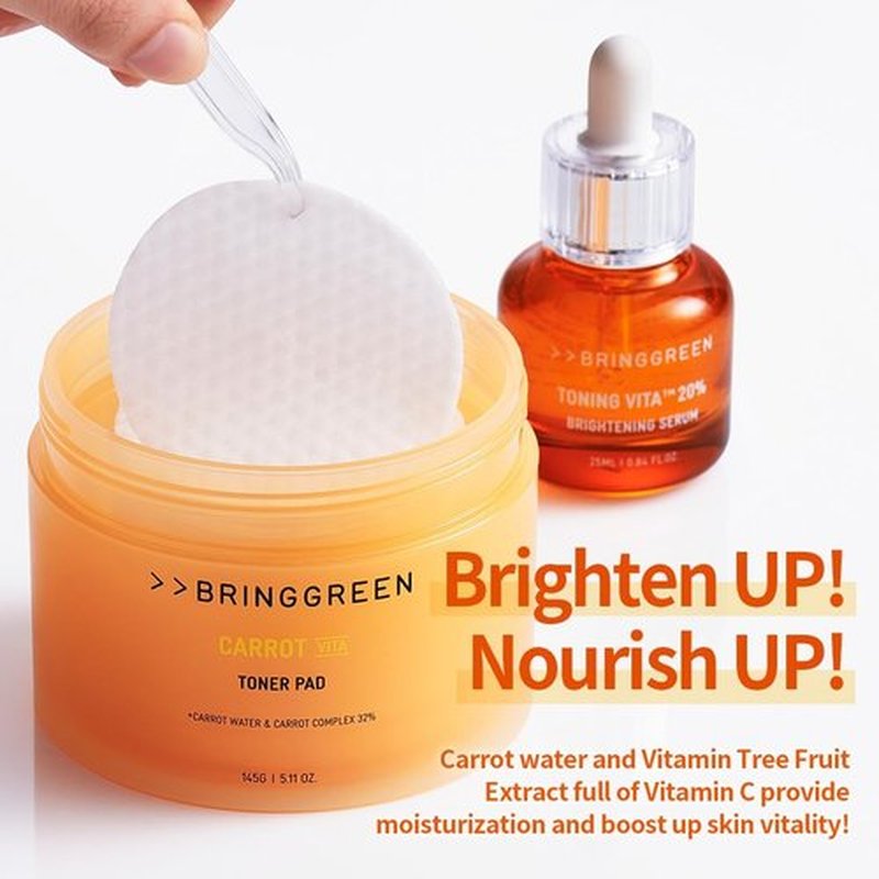 BRING GREEN Carrot Toner Pads - Vitamin & Retinol Formula for Even Skin Tone | 60 Count