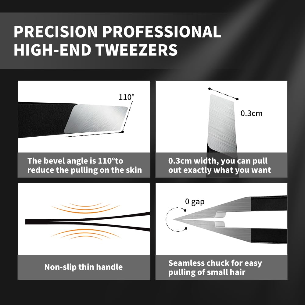 ADULAHI Professional Slant Tweezers for Eyebrows & Facial Hair - Precise Aligned Carbon Stainless Steel Remover with Storage Case(Black)