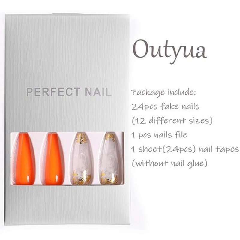 Outyua Glossy Smoke Pattern Fake Nails Coffin Extra Long Press on Nails with Design Ballerina Acrylic Cute False Nails 24Pcs (Orange)