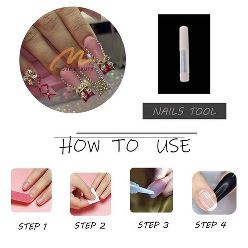 MISUD Press on Nails - Long Square Fake Nails with Red French Tip, Acrylic Bow Rhinestone Design 24 pcs