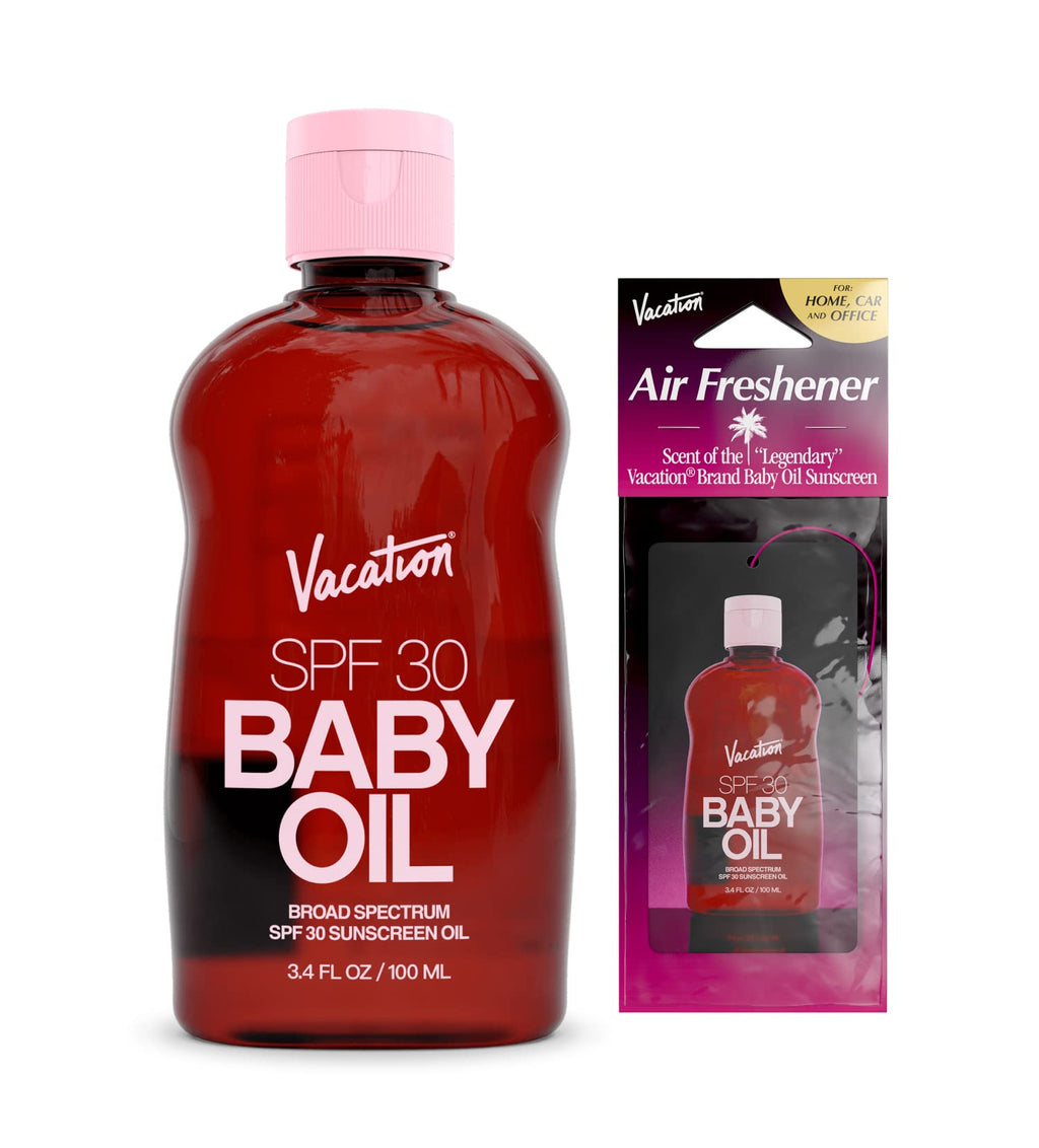 Vacation Baby Oil SPF 30 Sunscreen Oil and Air Freshener Bundle, 3.4 Fluid Ounces - Hydrating, Lightweight, Body Sunscreen, Transparent on All Skin Tones, Water-Resistant, Vegan