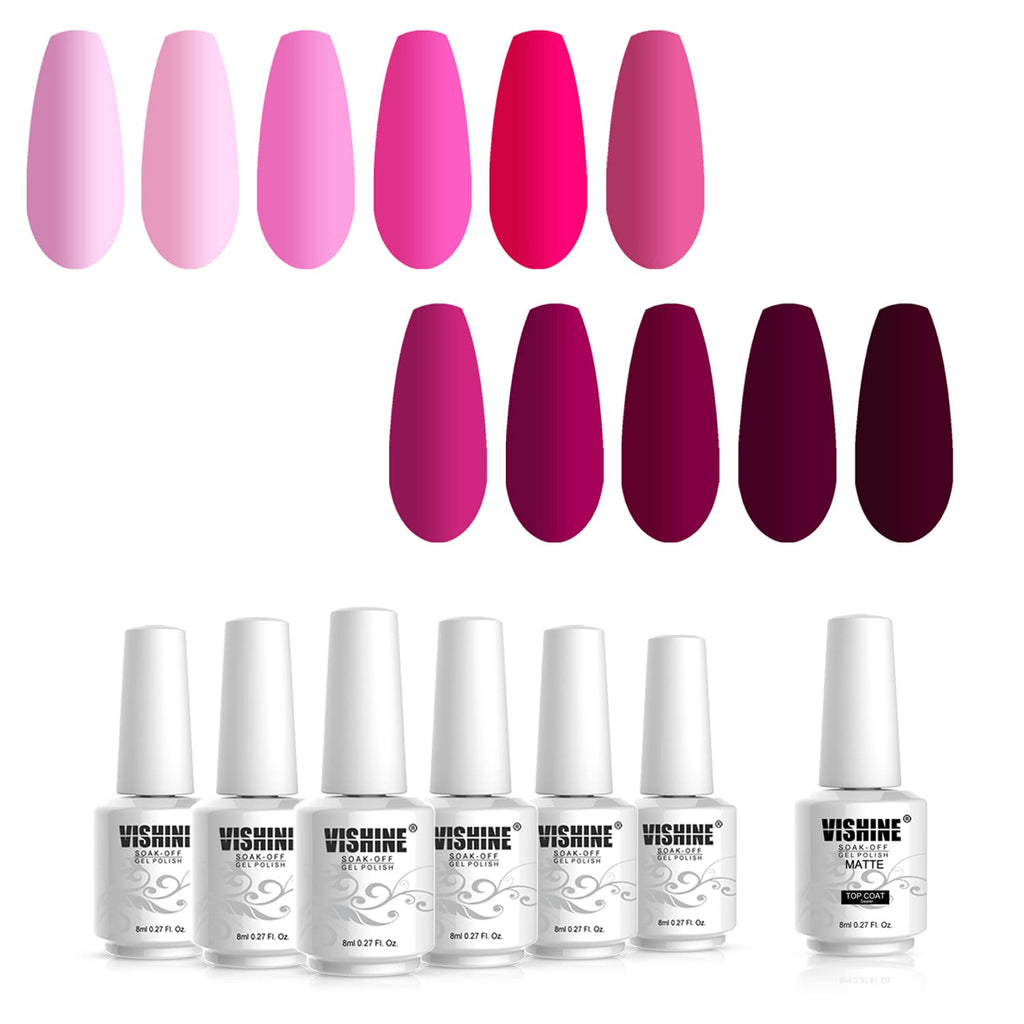 Vishine Gel Polish 12Pcs Soak Off UV LED Nail Art Manicure DIY Salon Set Pink Fuchsia Rose Purple Color Series with Matte Top Coat 8ml