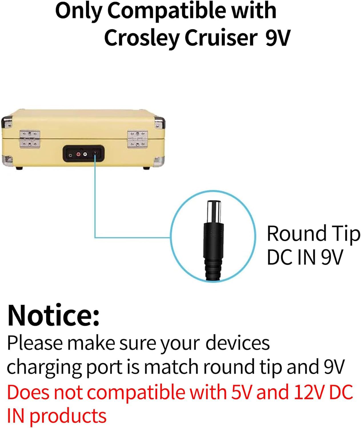 WUKUR 9V 2A Power Adapter for Crosley Record Player Power Cord, Charger for Crosley Cruiser Portable Turntable Record Player CR8005A CR221 CR8005C I II III Series, 5.9ft Cable (Not for 5V or 12V)
