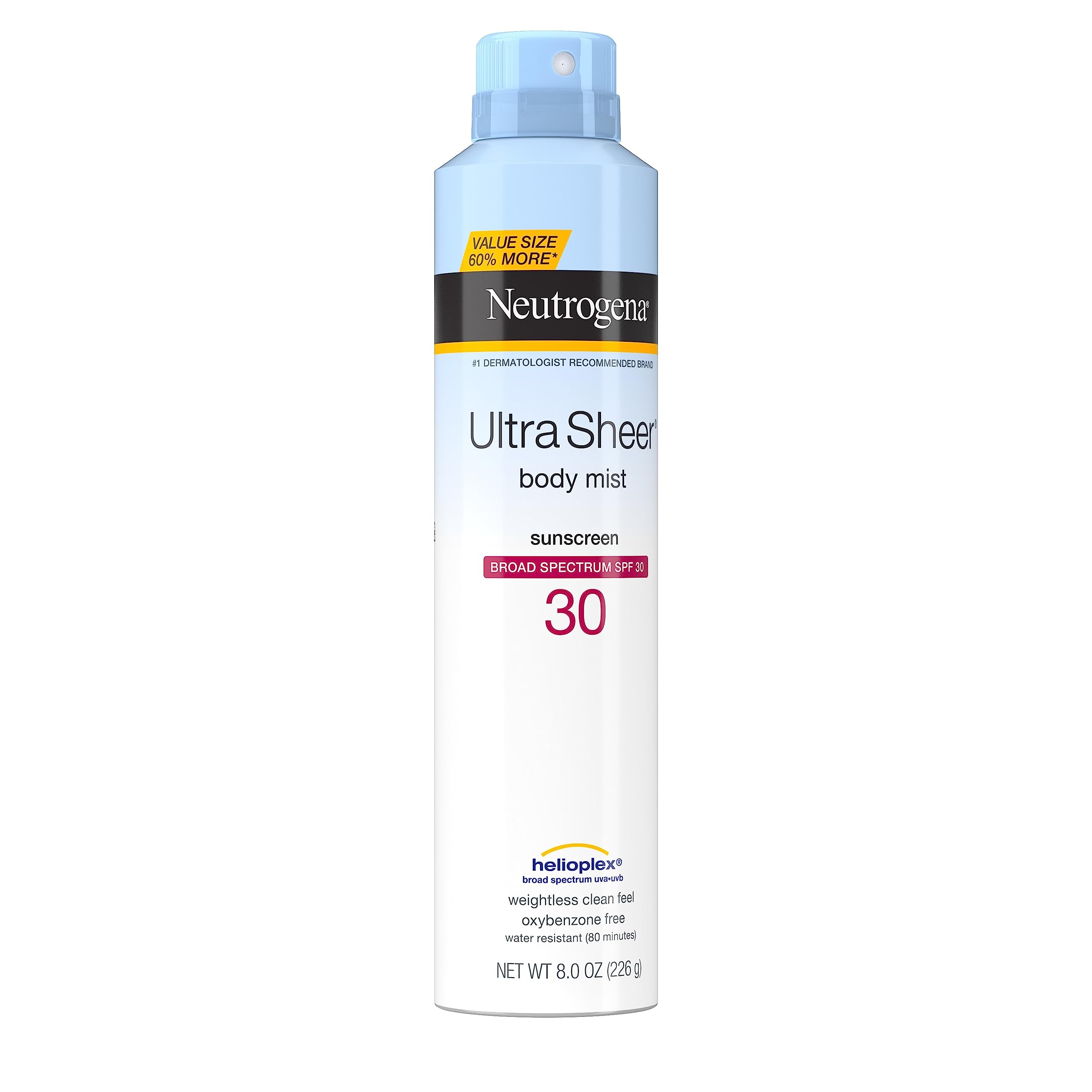 Neutrogena Ultra Sheer Body Mist Sunscreen Spray SPF 30 with Broad Spectrum Sun Protection, Lightweight, Water-Resistant, Oil-Free, Non-Comedogenic & Oxybenzone-Free, Value Size, 8 oz
